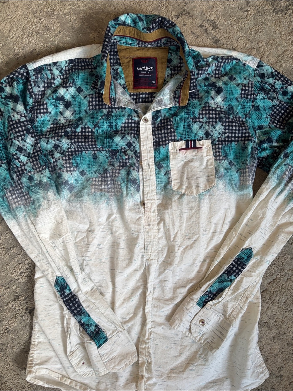 Wayne's World Teal & White Patterned Button-Down Shirt wears like L